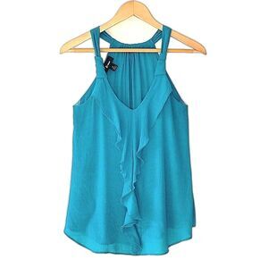 B-WEAR Teal Sleeveless Flowy Halter Tank Top size M Ruffled Pleated Shirttail